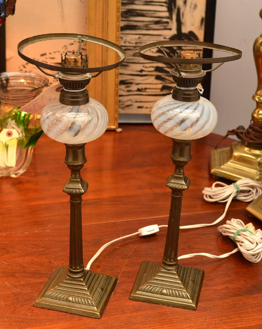 Pair opalescent glass converted oil table lamps (1 of 8)