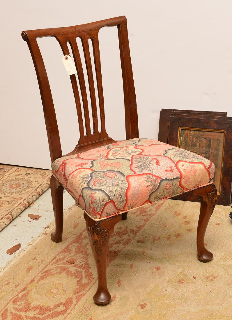 George III antique mahogany side chair: George III antique mahogany side chair, 18th/19th c., column form back splat, scrolled back rest corners, nicely carved foliate knees, on pad feet, newer upholstery, 38"h x 22"w x 20.5"d, 18.5"h (to s