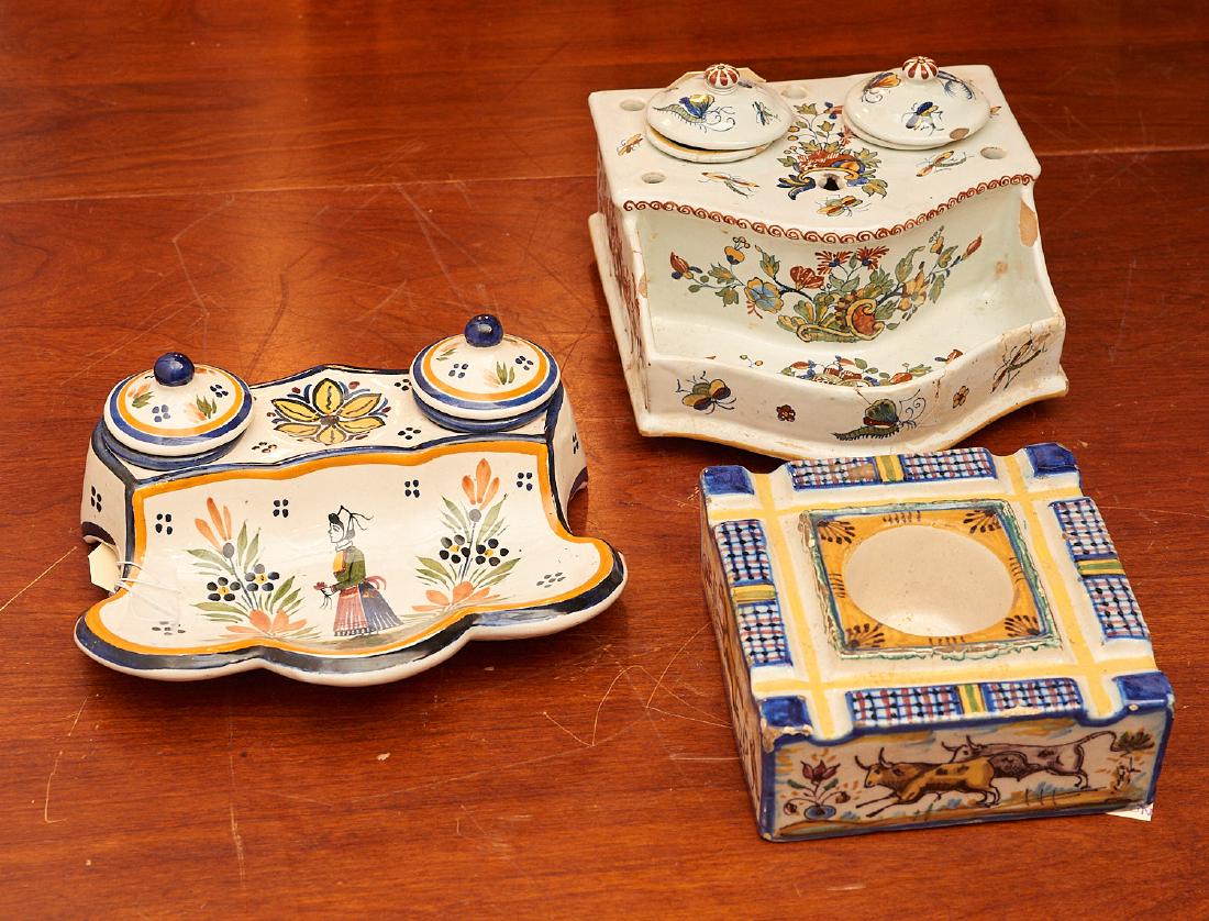 (3) Faience, Quimper, and majolica ink wells (1 of 9)