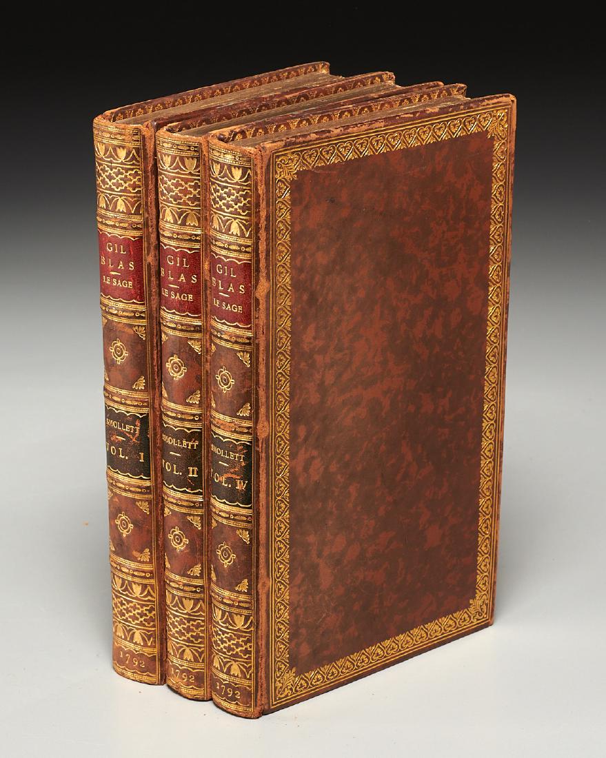 BOOKS: (3) Vols Gil Blas 1792 Baytun binding: BOOKS: (3) Vols Gil Blas 1792 Baytun binding, The Adventures of Gil Blas of Santillane. A New Translation, By the Author of Roderick Random. T. Longman, B. Law and Son, and others. The sixth edition,