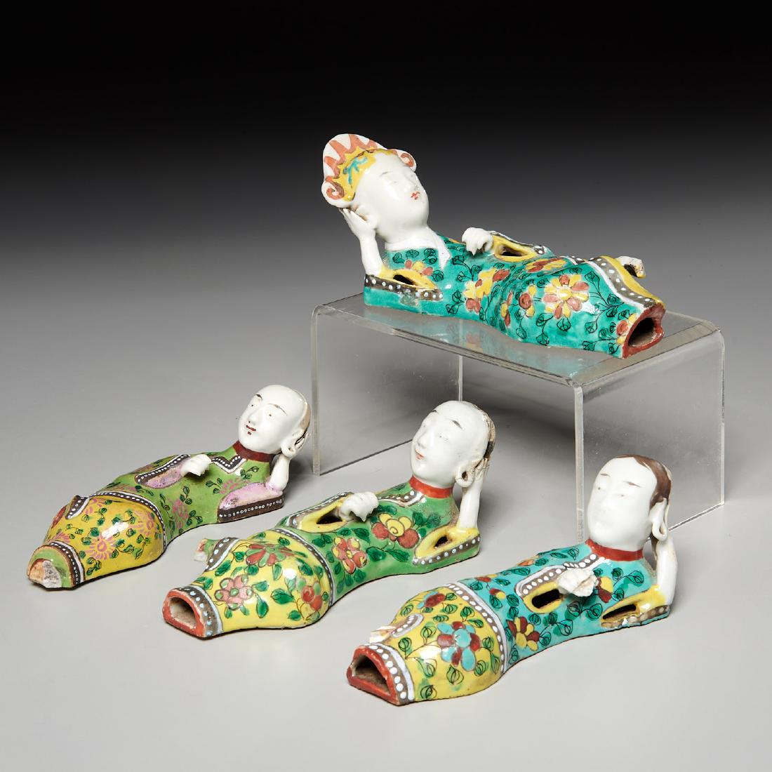 (4) Chinese famille verte reclining figures: (4) Chinese famille verte reclining figures, Qing Dynasty (19th c.), polychrome enamel decorated porcelain, depicting recumbent women in floral decorated robes, each approx. 8"l x 2"w