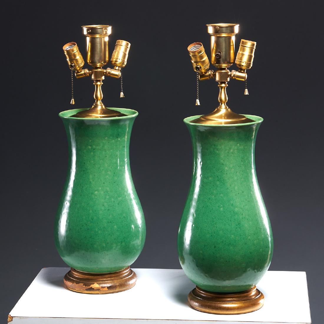 Pair Chinese apple green crackle glazed vase lamps (1 of 5)