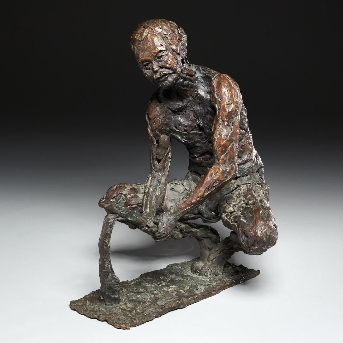 Chinese Modern School, Rice Farmer: Chinese Modern School, Rice Farmer, Chinese Modern School (20th c.), bronze with brown patina, cipher mark impressed to base, 13.5"h x 11.5"w x 9"d
