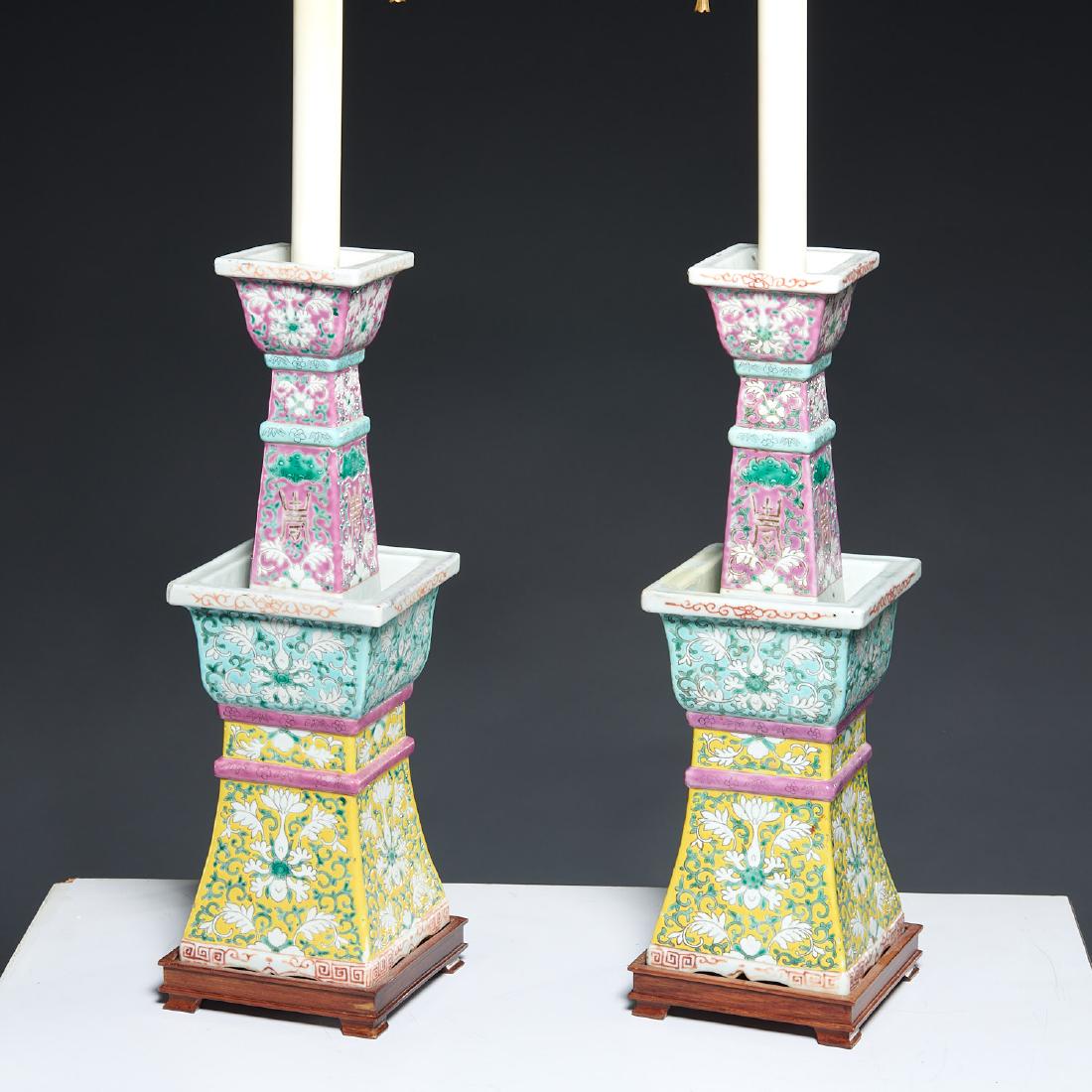 Pair Chinese famille verte altar stick lamps: Pair Chinese famille verte altar stick lamps, Likely Qing Dynasty (late 19th c.), rose, yellow and turquoise glazed sections, no visible marks, 15"h (porcelain only), 29.5"h (total) Provenance: Proper
