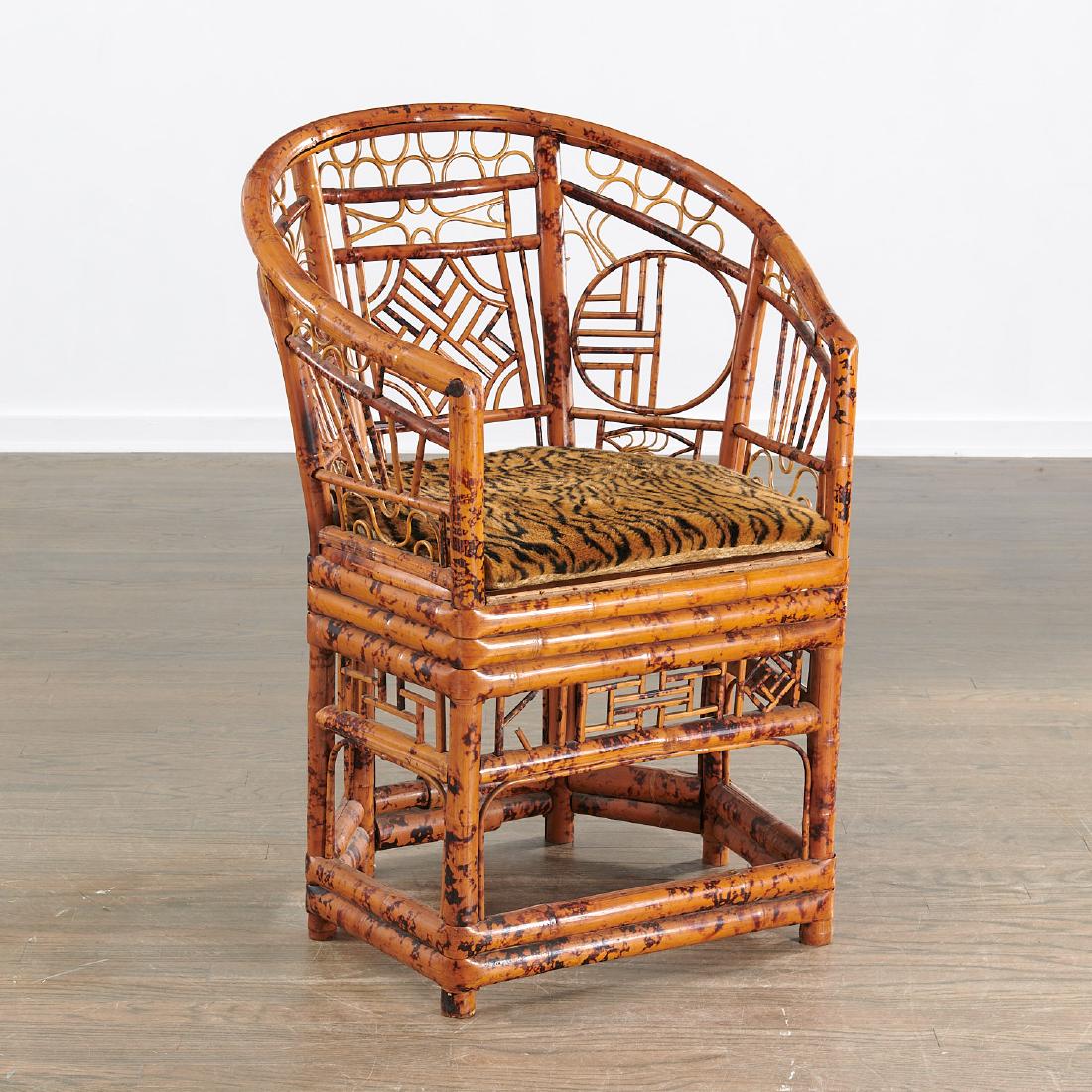 Brighton Pavilion style Chinese bamboo chair: Brighton Pavilion style Chinese bamboo chair, First half 20th c., bamboo frame with Chinese style pattern decoration, faux-leopard upholstery, 37"h x 27"w x 26"d, 21" seat height Provenance: From the 