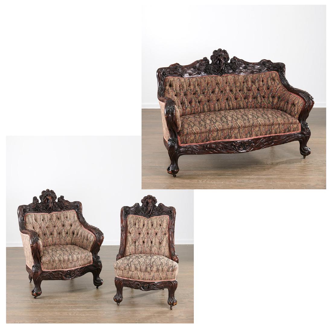 Karpen Art Nouveau carved parlor set: Karpen Art Nouveau carved parlor set, c. 1905, (3) pieces, consisting of a settee and two arm chairs, muscularly carved frames decorated with high relief fully formed roses, wrapping vines, and topped