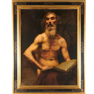 J.C. Leyendecker, Portrait of Saint Jerome, c. 1898: J.C. Leyendecker, Portrait of Saint Jerome, c. 1898, Joseph Christian Leyendecker (German/American, 1874-1951), oil on canvas, signed lower left "J.C. Leyendecker, Paris", 38"h x 27.5"w (sight), 47"h