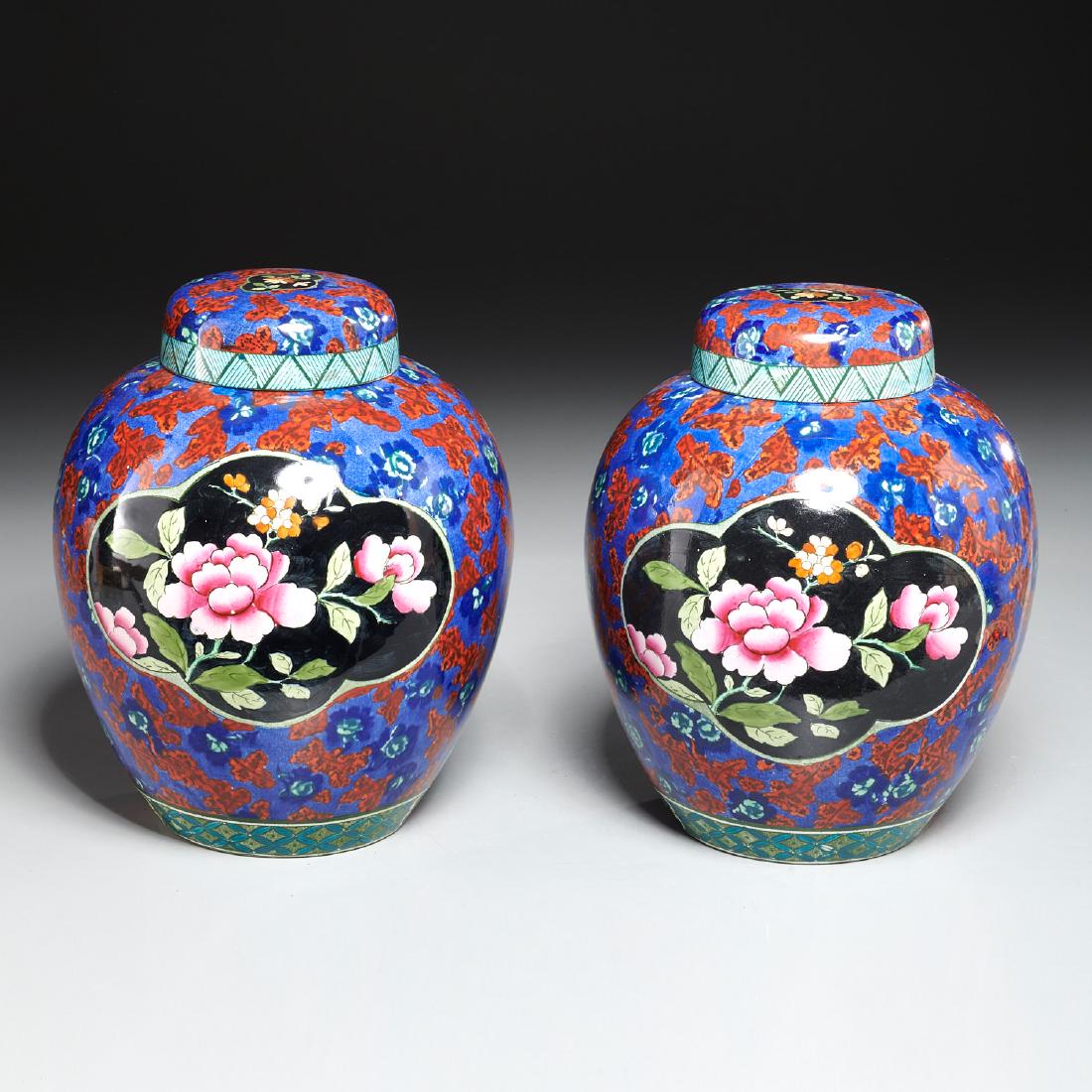 Pair Leighton pottery lidded ginger jars: Pair Leighton pottery lidded ginger jars, 19th/20th c., "Jap" pattern transfer decoration on porcelain, each with painted rose cartouche, manufacturer stamp to underside, each 10"h x 8"dia Provenance: