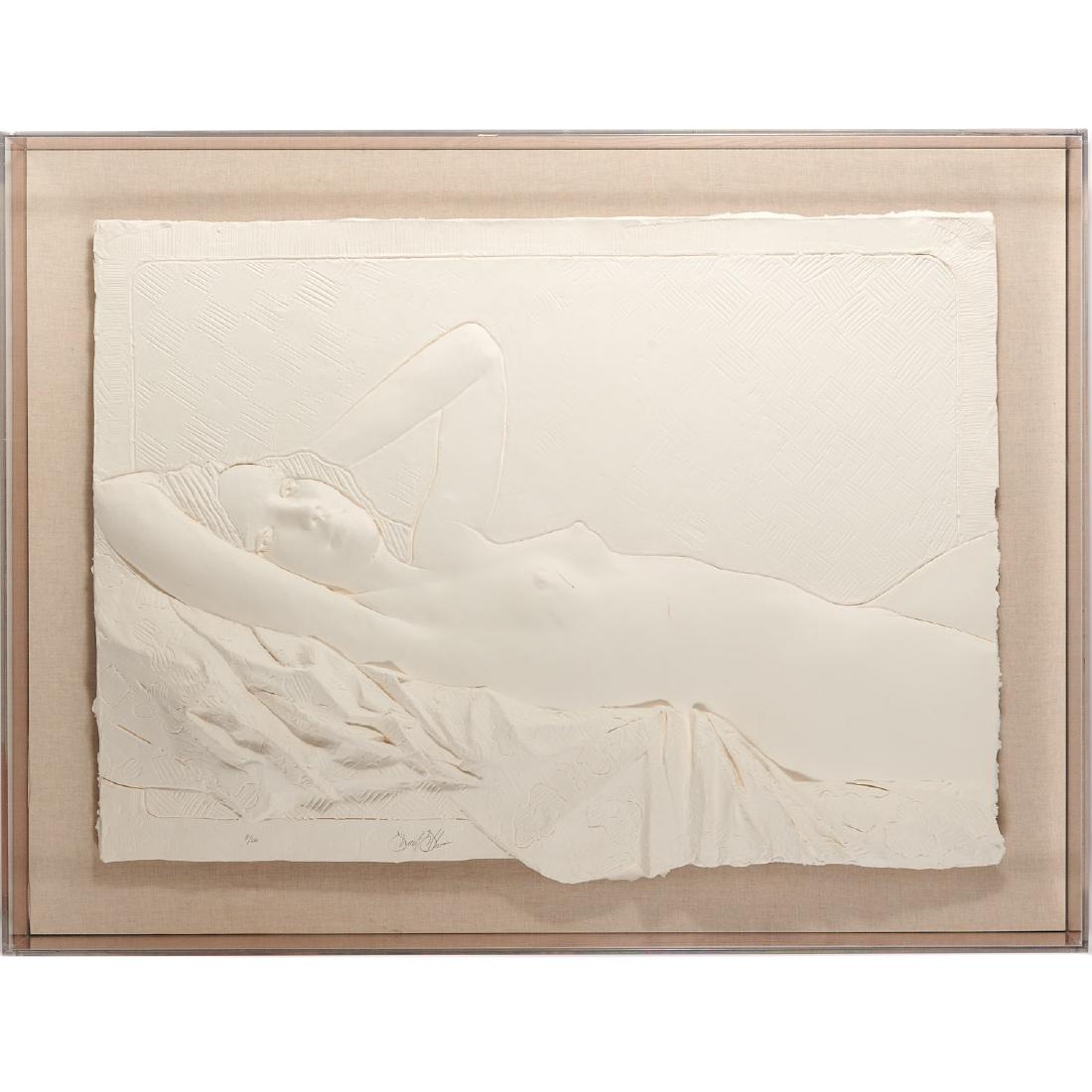 Frank Gallo, "Reclining Nude": Frank Gallo, "Reclining Nude", Frank Gallo (American, b. 1933), paper relief sculpture in plexi shadow box, pencil signed and numbered 8/200 along bottom, 54"h x 42"w x 6"d (total) Provenance: Estate