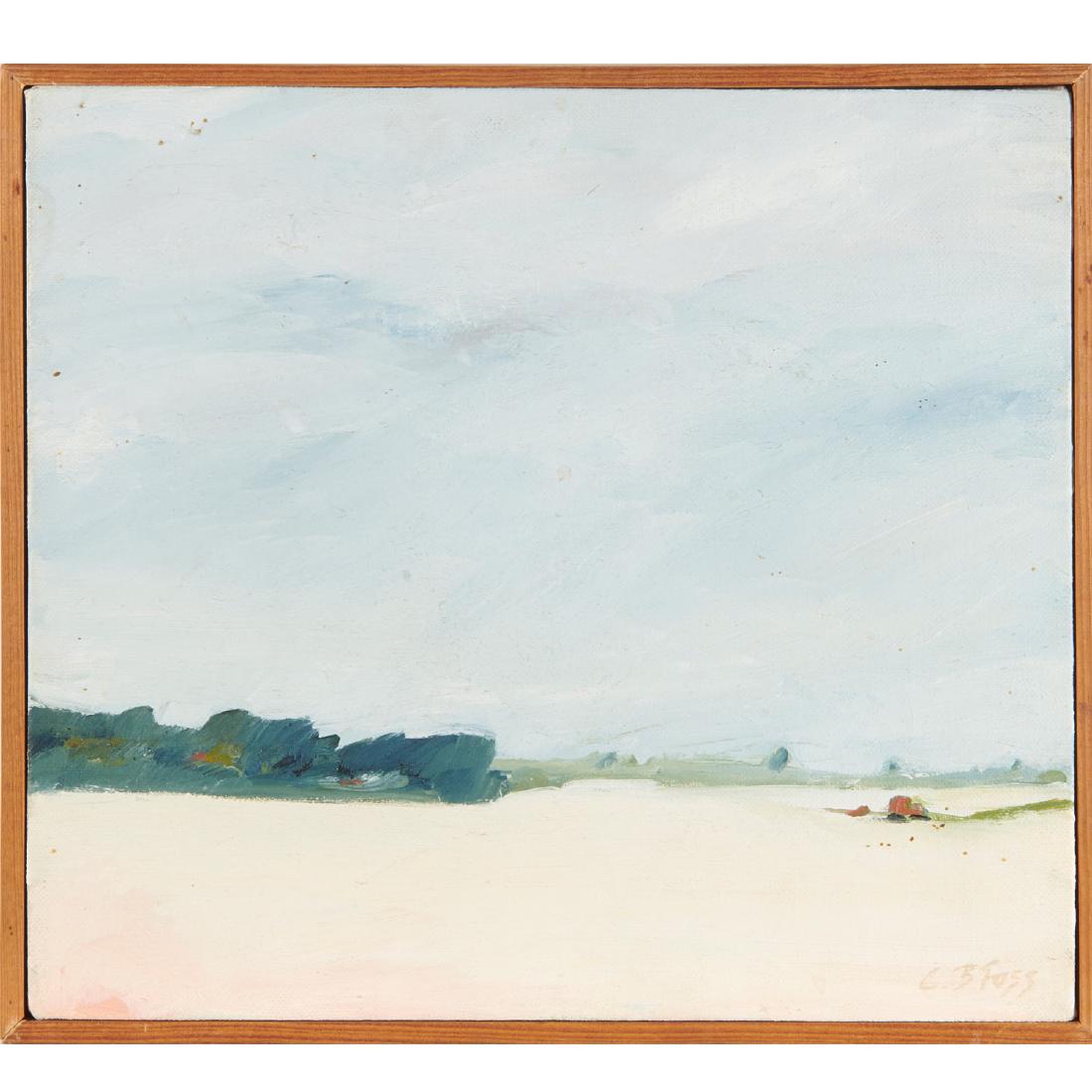 Cornelia Foss, "Watermill Fields", 1985: Cornelia Foss, "Watermill Fields", 1985, Cornelia Brendel Foss (American, b. 1931), oil on canvas, signed "CB Foss" lower right, paper label verso, slat frame, 9.5"h x 10.5"w (total) Provenance: Prope