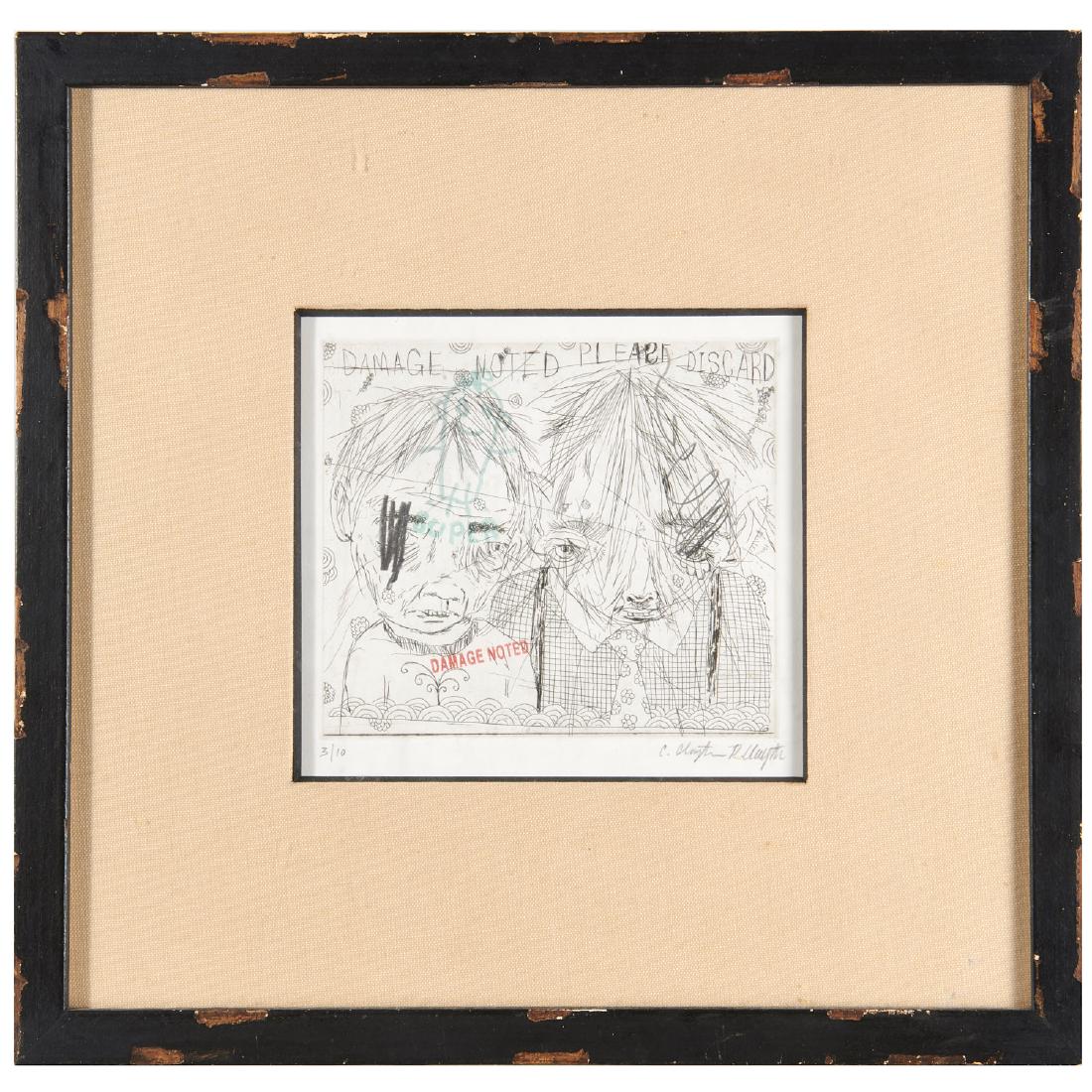 Clayton Brothers, "Damage Noted", 2003: Clayton Brothers, "Damage Noted", 2003, Clayton Brothers (Rob & Christian, American, b. 1963 and b. 1967), etching on paper embellished with pen doodles, signed lower right and numbered 3/10 lower lef