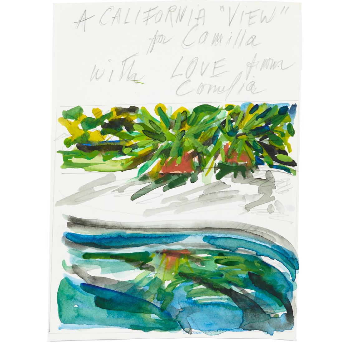 Cornelia Foss, "A California View": Cornelia Foss, "A California View", Cornelia Brendel Foss (American, b. 1931), watercolor on card, signed, titled and dedicated in pencil "A California View, for Camilla, with love from Cornelia", unf