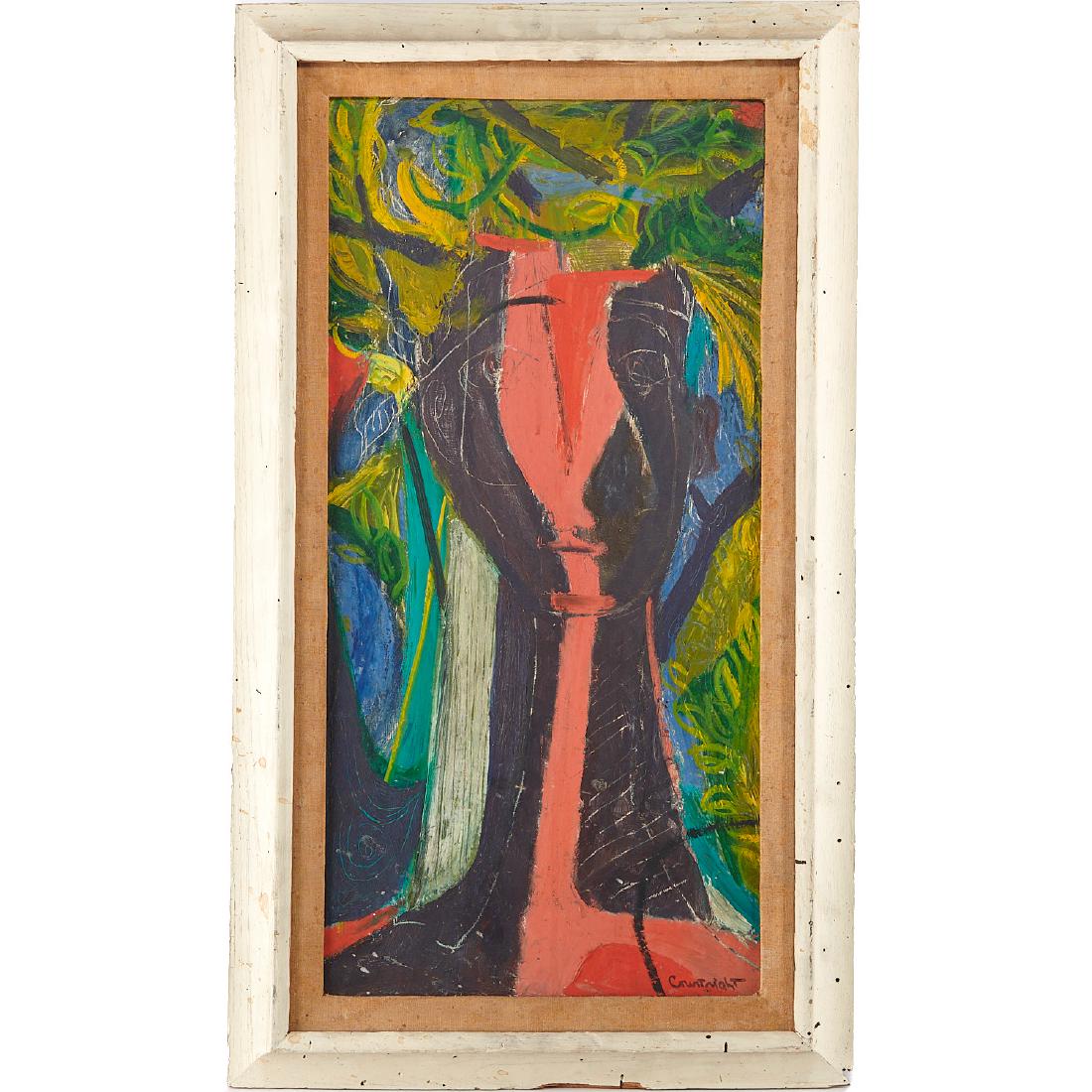 Robert Courtright, Figural Abstract, c. 1946: Robert Courtright, Figural Abstract, c. 1946, Robert Courtright (American, 1926-2012), oil on canvas, signed lower right and again three times verso on canvas and stretchers, 24"h x 11"w (sight), 29"h