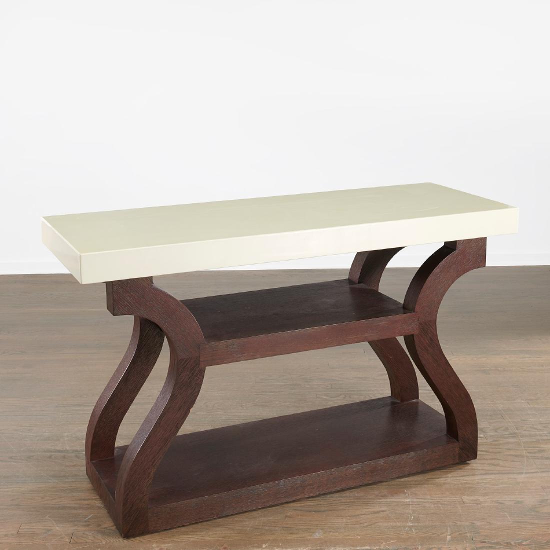 Christian Liaigre for Holly Hunt console table: Christian Liaigre for Holly Hunt console table, 20th/21st c., American, white piano lacquer over substrate, dark stained oak veneer, maker's plaque to underside, 33"h x 54"l x 20"d
