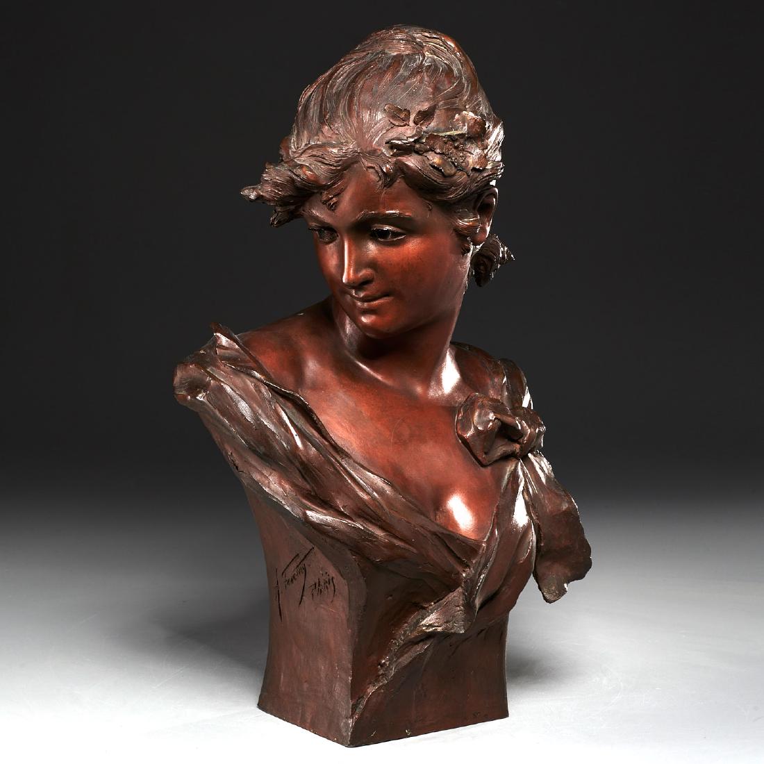 Alfred Jean Foretay, Bust of Woman, c. 1890: Alfred Jean Foretay, Bust of Woman, c. 1890, Alfred Jean Foretay (France, 1861-1944), red/brown patinated cast bronze, cast signed "A. Foretay, Paris", 21"h x 12"w x 8"d Provenance: Property from the
