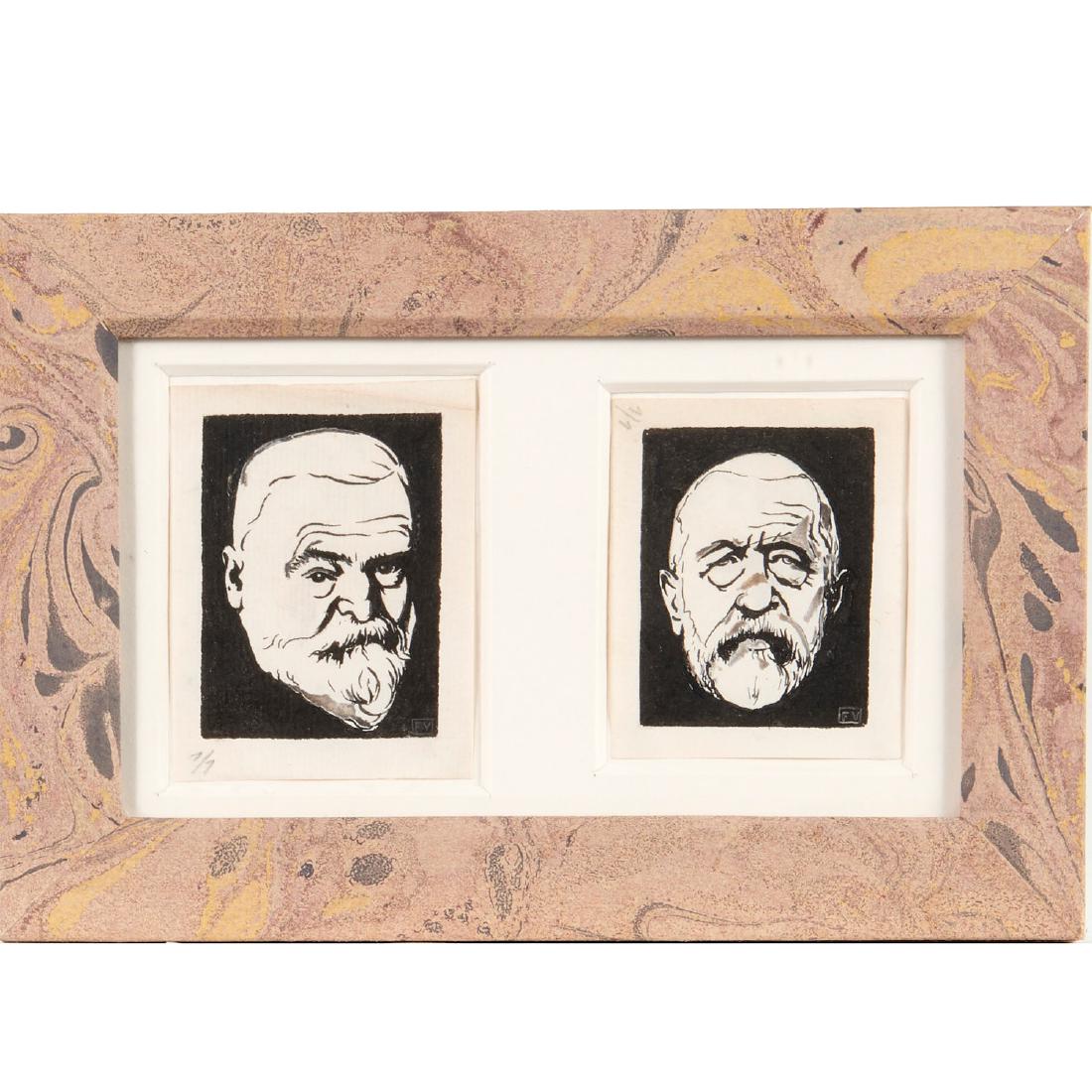 Felix Vallotton, (2) woodcut prints, c. 1900: Felix Vallotton, (2) woodcut prints, c. 1900, Felix Vallotton (French/Swiss, 1865-1925), Portraits of Hans Thomas and Arnold Bocklin, black ink on paper, artist initials print lower right, each number