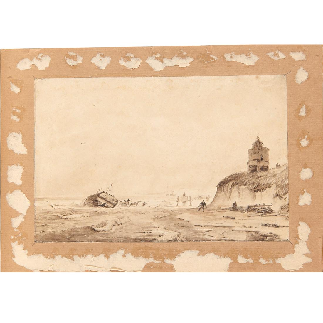 Eugene Boudin (circle of), Coastal Landscape: Eugene Boudin (circle of), Coastal Landscape, Circle of Eugene Boudin (French 1824-1898), pen and ink and ink wash on paper, affixed to cardboard backing, no signature observed, penciled inventory num