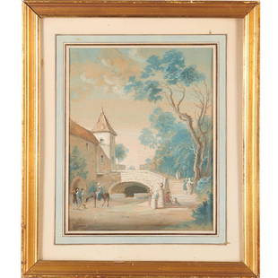 Jean-Baptiste Le Prince, Courtyard Scene, 1773: Jean-Baptiste Le Prince, Courtyard Scene, 1773, Jean-Baptiste Le Prince (French, 1734-1781), gouache on paper, signed "LePrince" and dated lower left, purchase history in pen verso, matted and framed