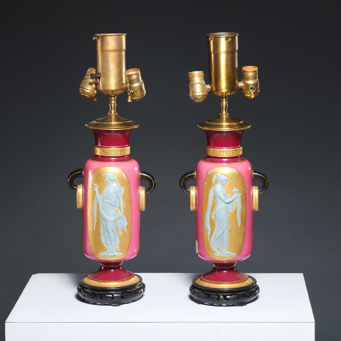 Pair Paris porcelain Grecian-style urn lamps (1 of 8)