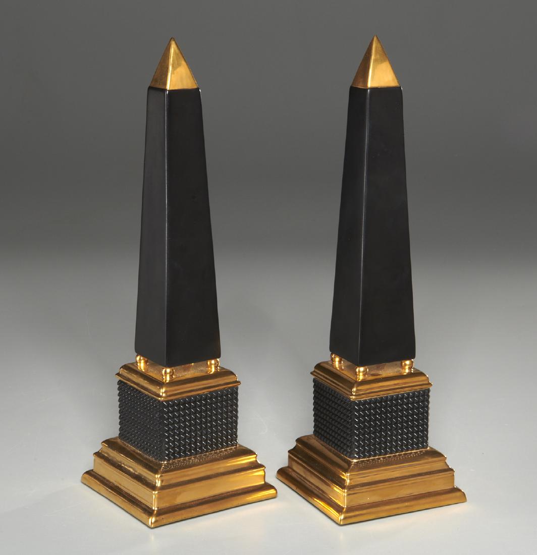 Pair L'Objet Biblioteque obelisks: Pair L'Objet Biblioteque obelisks, 21st c., black painted and parcel gilt, marked on underside of foot, 14.25"h x 4.5"squ
