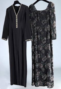 Two Pilar Rossi evening gowns: Two Pilar Rossi evening gowns, c. 1990's, incl. (1) sheer black column style with flocked velvet and sequins in floral design over gray silk slip, square neckline, (1) black v neck with beading and je