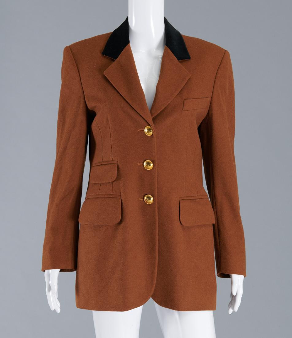 Escada ladies equestrian style blazer: Escada ladies equestrian style blazer, c. 1990's, by Margaretha Ley, Made in Germany, russet brown wool with black velvet collar, (3) exterior flap pockets, (1) breast pocket, (3) gold button closure,