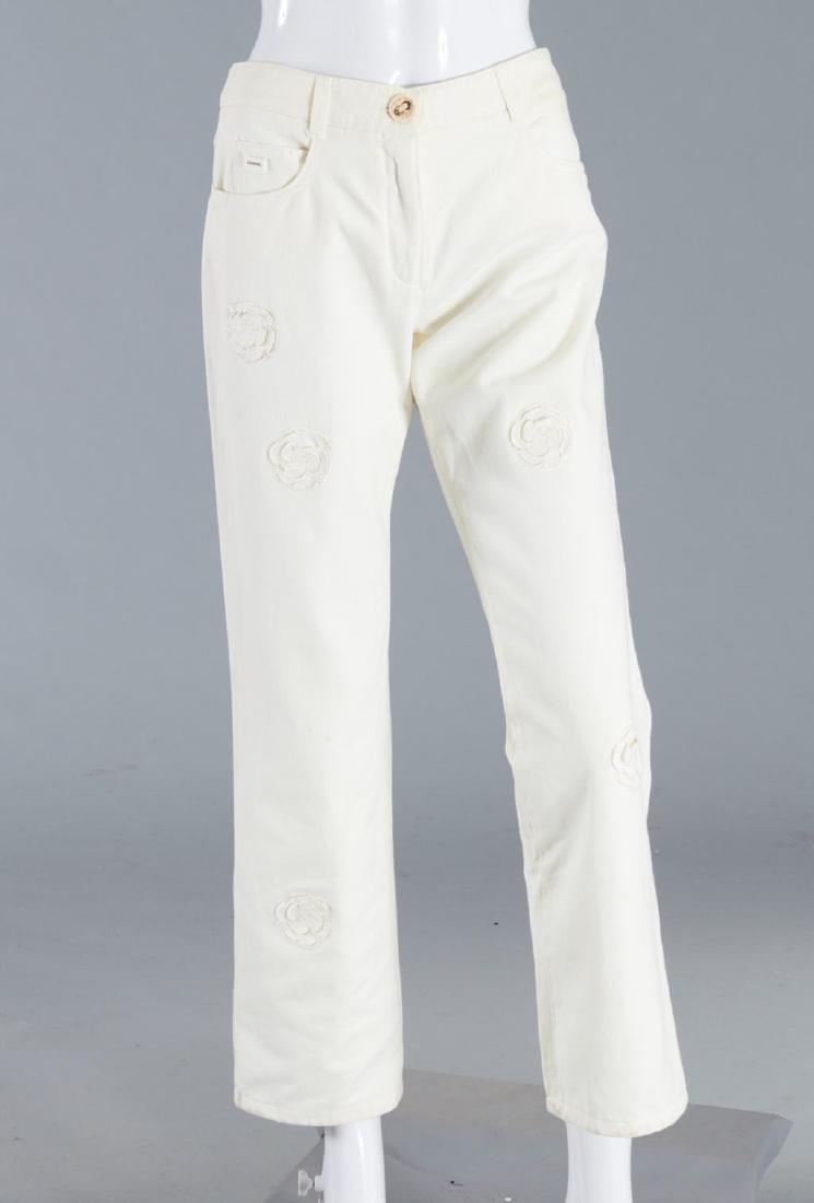 Chanel France embellished (5) pocket pants: Chanel France embellished (5) pocket pants, 2003 Cruise, Made in Italy, ivory brushed cotton with floral design, size 38, approx. 30"w, 30"inseam Provenance: From a New York single owner clothing coll