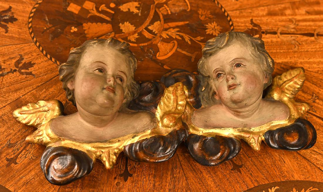 Italian painted Amorini wall applique: Italian painted Amorini wall applique, 20th c., highly decorative, unmarked, 5.5"h x 14"w Provenance: From the Estate of a Brooklyn New York Collector