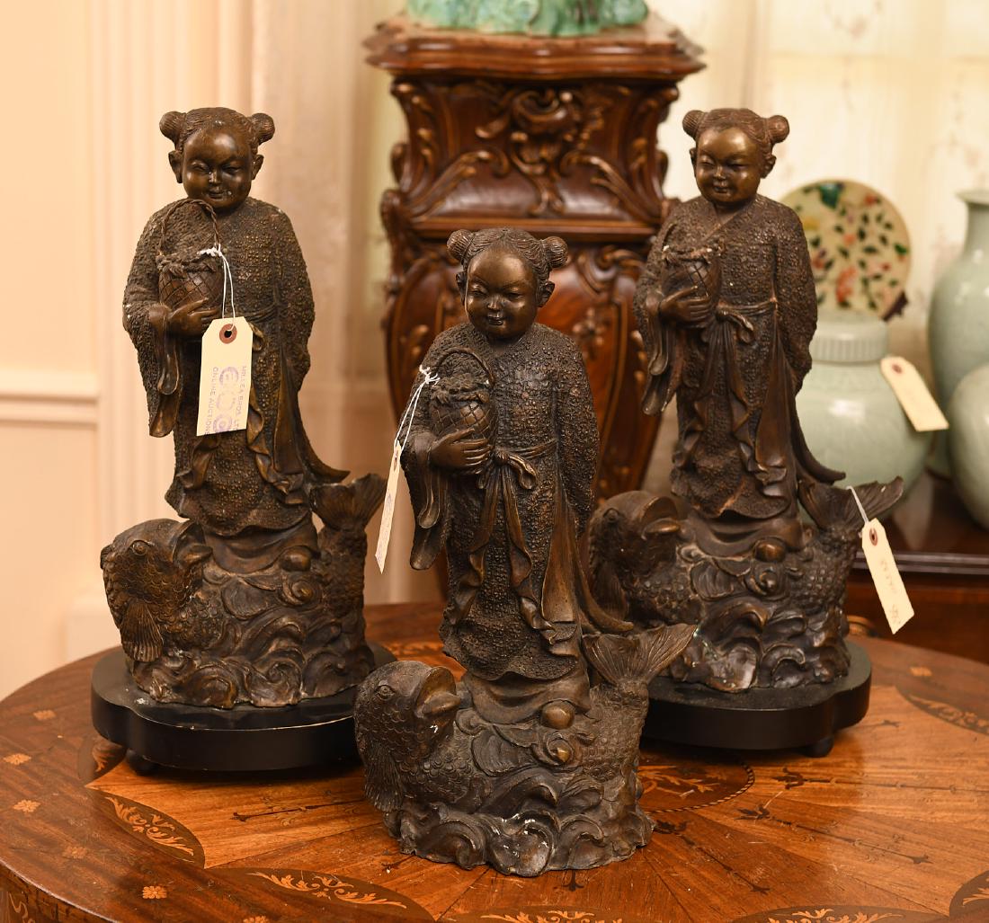 (3) Chinese bronze figures with carp (1 of 6)