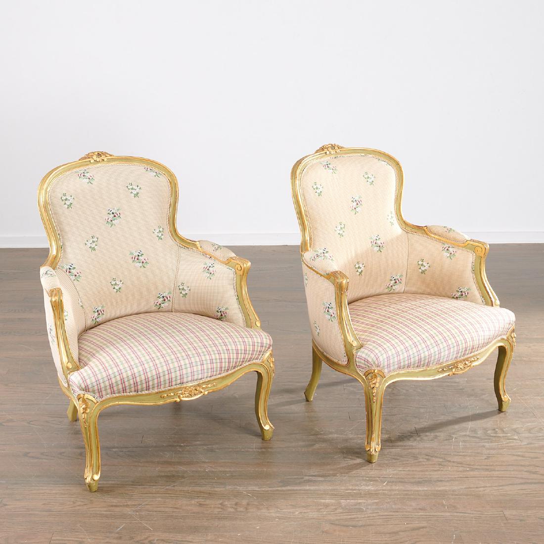 Pair Louis XV style green painted, gilt bergeres (1 of 6)