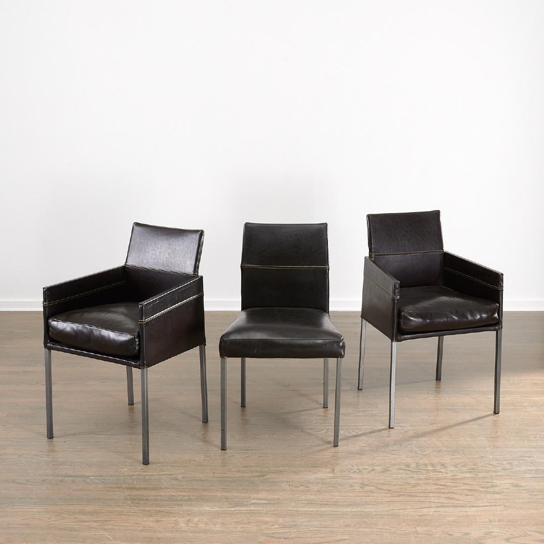 (3) "Texas XXL" armchairs by KFF: (3) "Texas XXL" armchairs by KFF, c. 2001, Germany, stitched leather upholstery and square steel tube legs, signed "KFF" in cushion decking, 34"h x 21.5"w x 20"d, 21" seat height Provenance: From the 