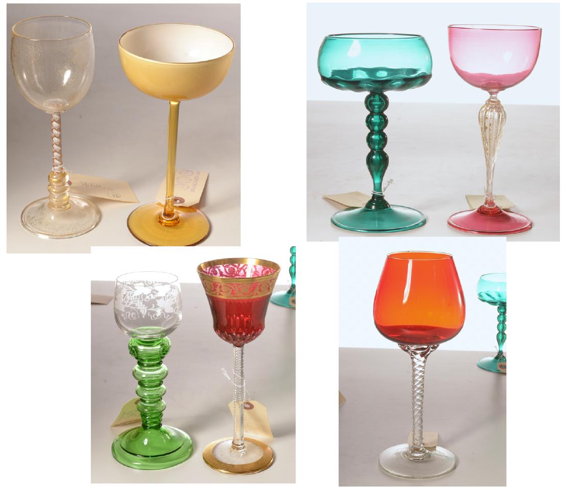 (7) Assorted Continental colored wine glasses: (7) Assorted Continental colored wine glasses, 20th c., Italy and other, various colors, some with gold inclusions and gilt decoration, some possibly Salviati, one with acid etch mark for St. Louis, F