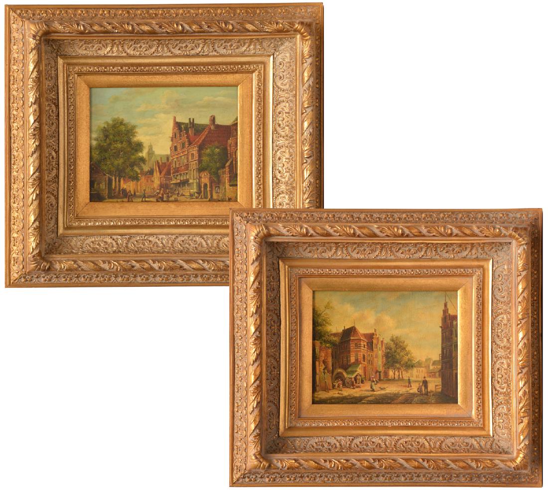Continental School, (2) village scene paintings (1 of 10)