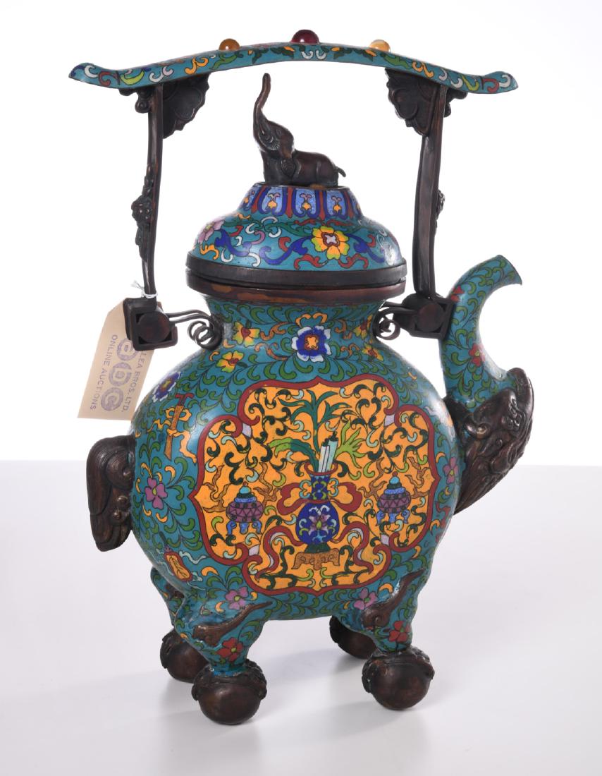 Chinese cloisonne tea or wine pot: Chinese cloisonne tea or wine pot, 20th c., enamel painted copper, with elaborate metal figural mounts, 16.5"h x 11.5"w x 4"d