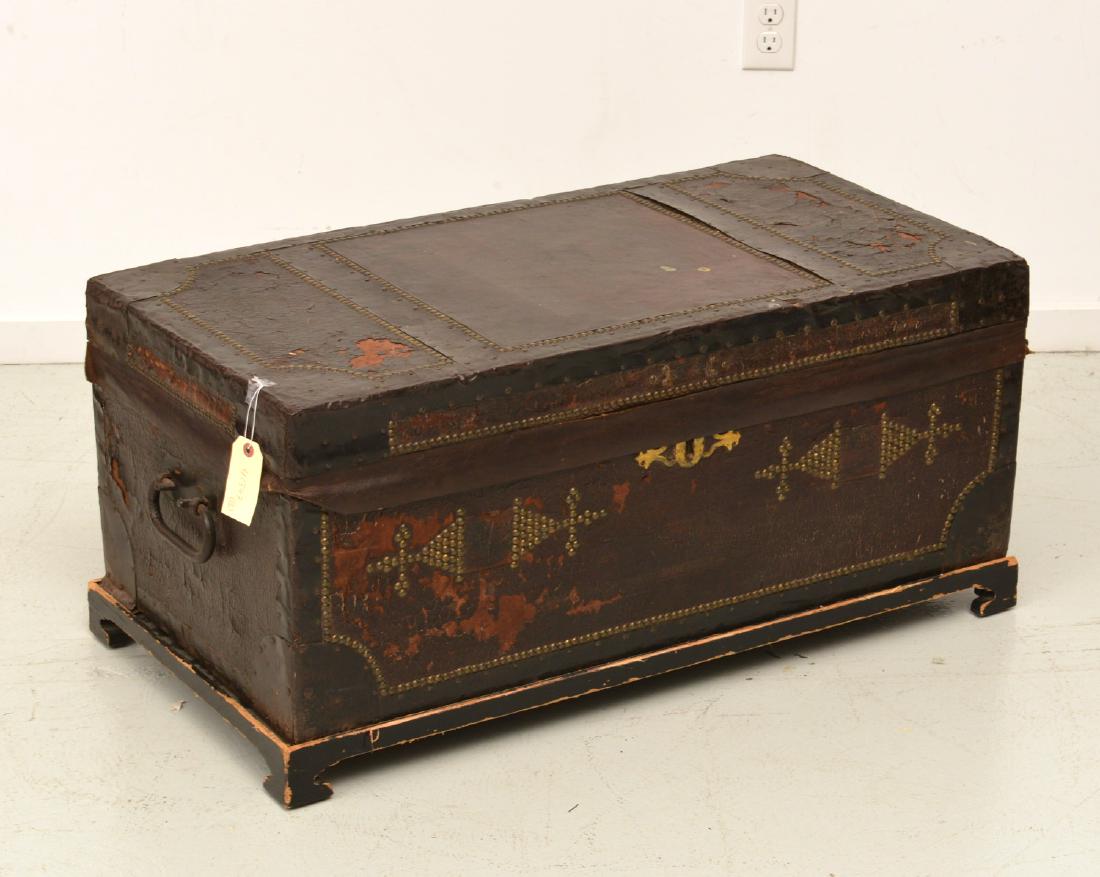 Chinese Export tacked leather trunk on stand (1 of 8)