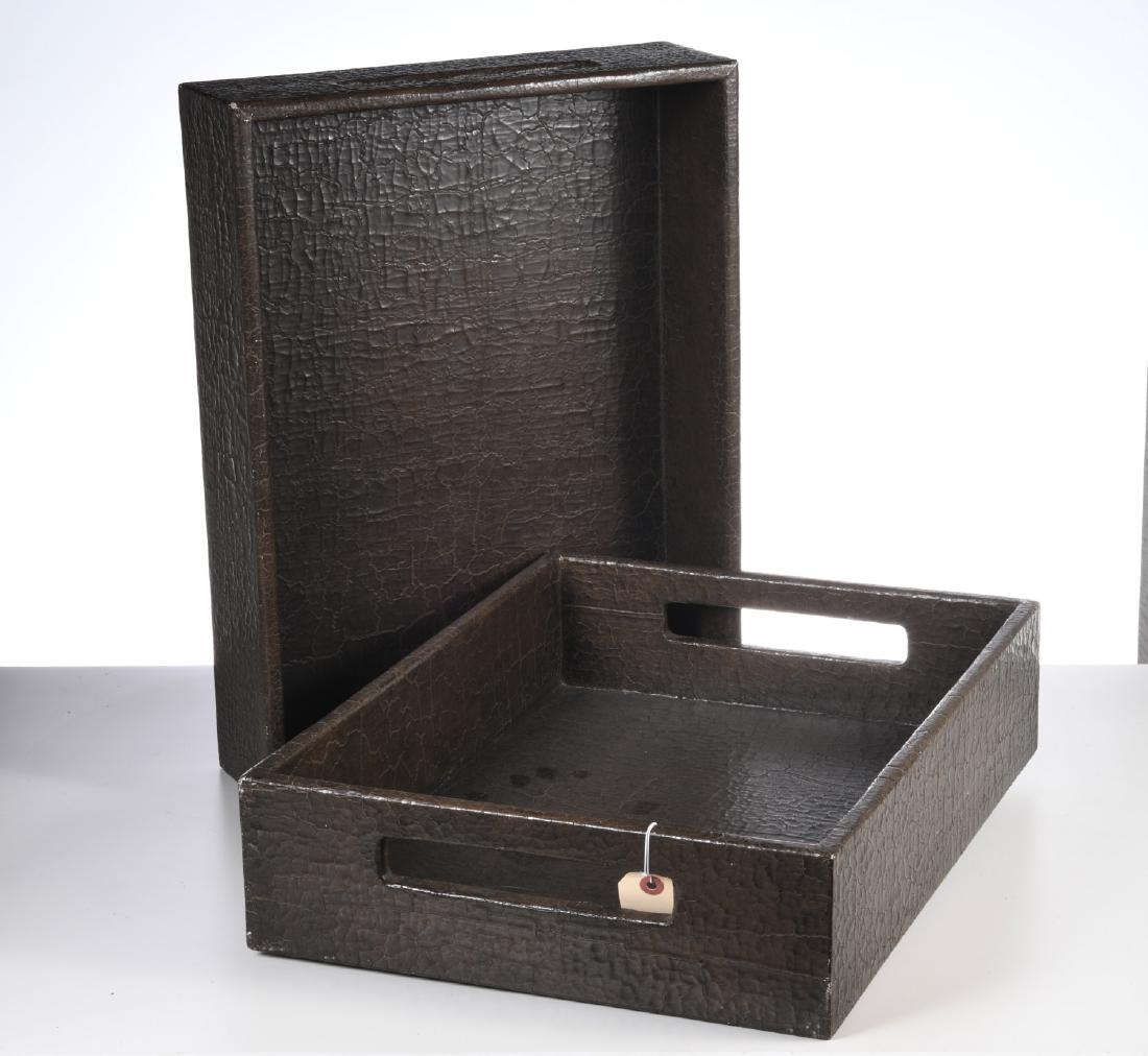 Pair Designer brown crackle lacquer trays: Pair Designer brown crackle lacquer trays, 20th c., possibly Thomas Pheasant, unmarked, 4.75"h x 20"w x 15"d