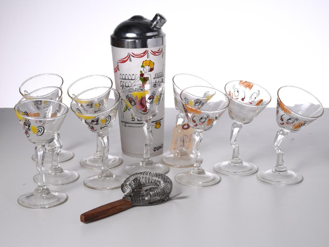 Vintage Gay Fad Drunk martini set: Vintage Gay Fad Drunk martini set, Mid 20th c., incl. a set of (10) drunk martini glasses by Gay Fad and associated frosted glass cocktail shaker featuring singing waiters and a cabaret dancer, glasse