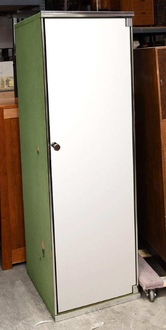 I4 Mariani for Pace mirrored wardrobe cabinet: I4 Mariani for Pace mirrored wardrobe cabinet, 20th c., designed by Guido Faleschini, green velour exterior with chromed metal piping and hardware, mirrored fronts, brown velour lined interior fitted 