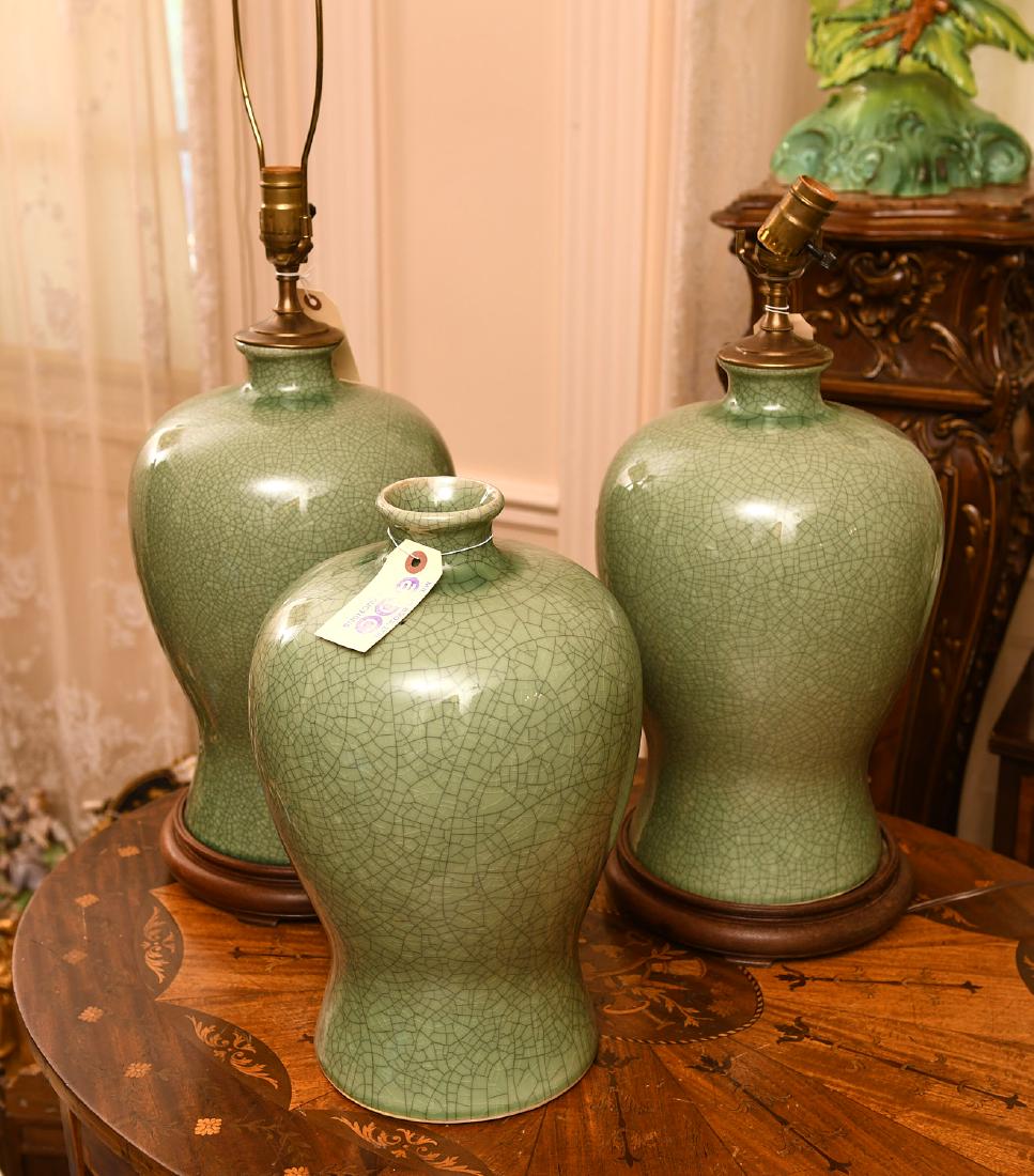 (3) Chinese celadon crackle meiping vases (1 of 7)