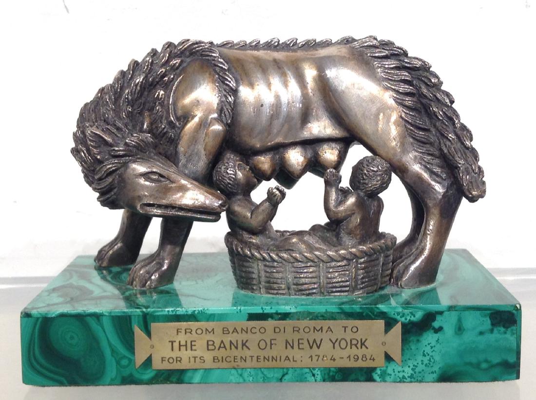 Guido Veroi, bronze sculpture: Guido Veroi, bronze sculpture, Guido Veroi (Italian, 1926-2013), Wolf Mother with Romulus and Remus, bronze with silver patina, signed, on malachite veneered base, 5.5"h x 7"l x 3.75"d Provenance: Fro