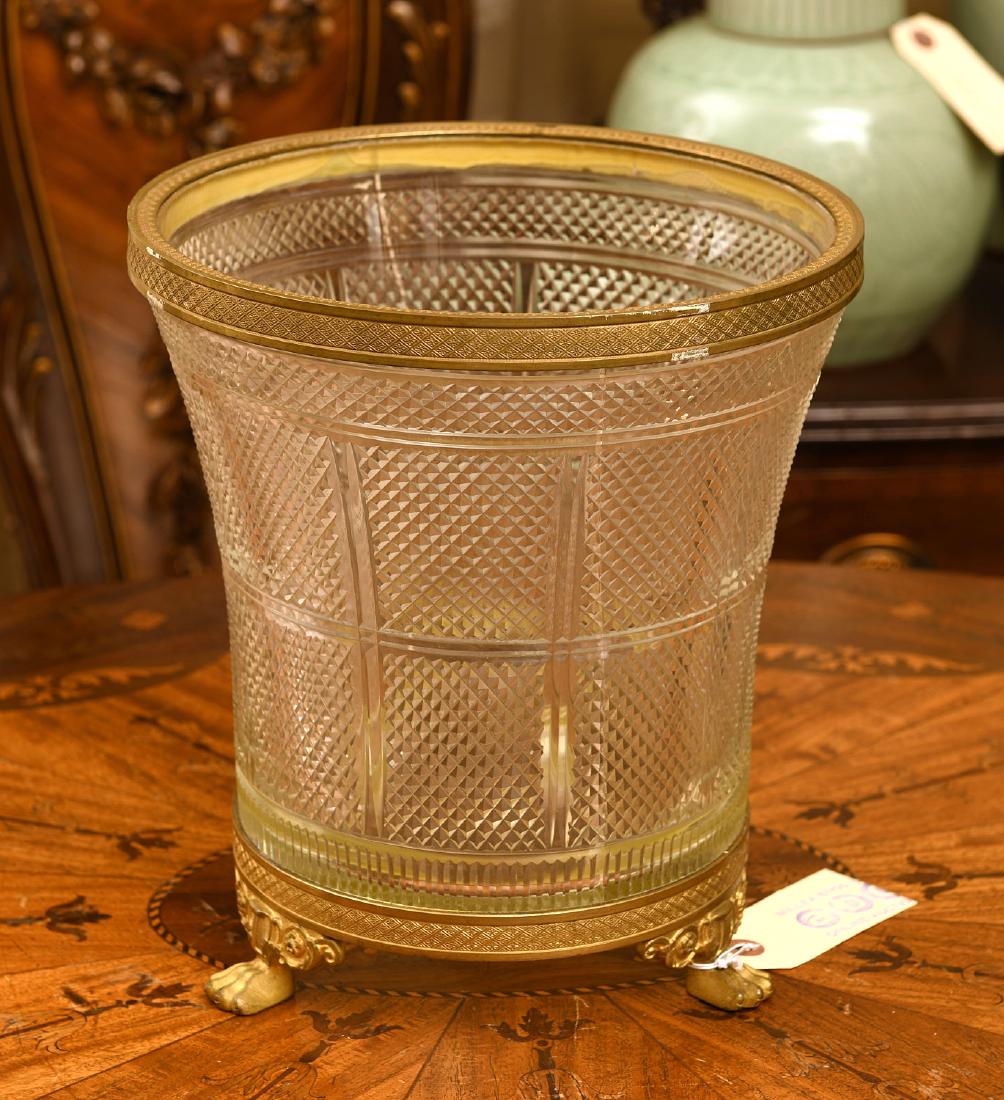 Large Austrian bronze mounted cut crystal vase: Large Austrian bronze mounted cut crystal vase, 19th/20th c., Baccarat style, possibly a wine cooler, unmarked, 10.25"h x 9.5"dia Provenance: From the Estate of a Brooklyn New York Collector