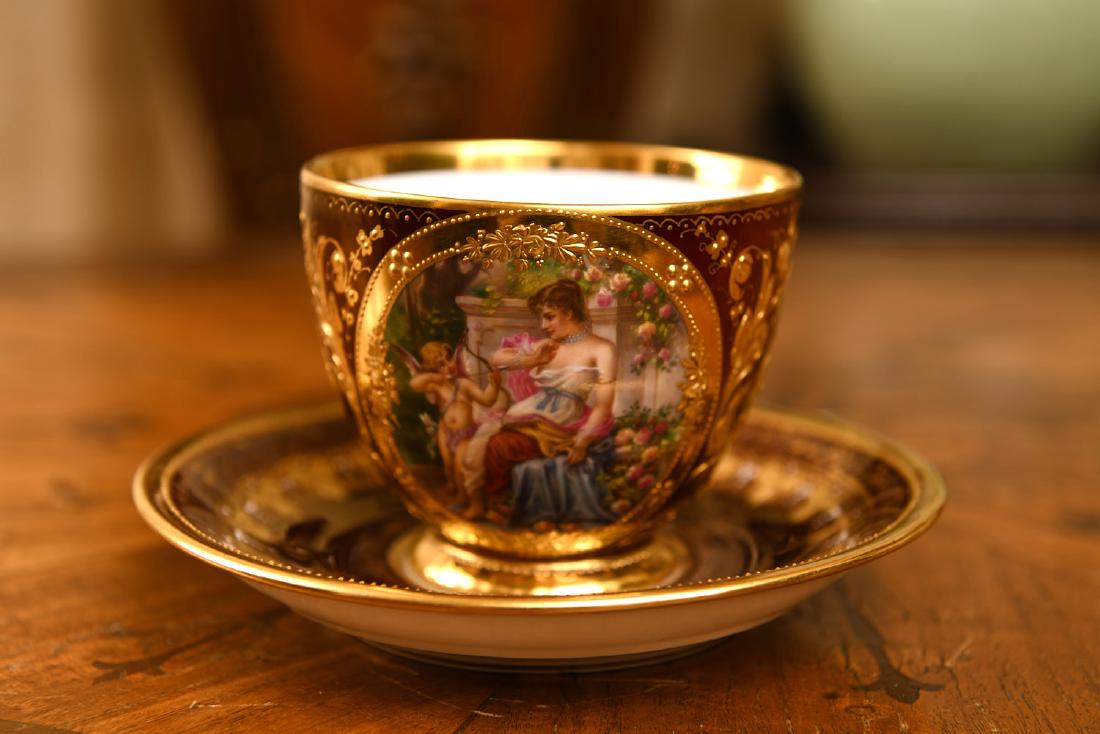 Vienna porcelain painted cup and saucer (1 of 7)