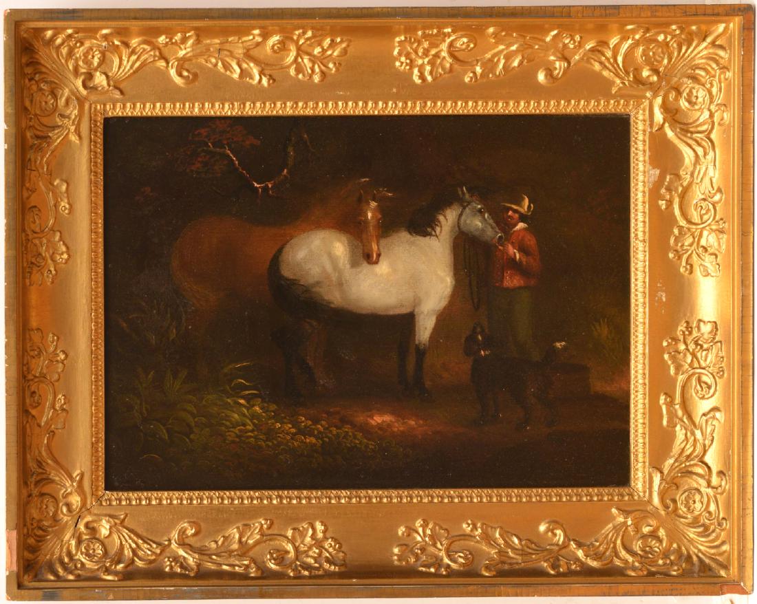 Manner of George Morland, painting: Manner of George Morland, painting, Manner of George Morland (18th/19th c.), Horses and groom, oil on panel, no signature visible, 10"h x 14"w (sight), 15.5"h x 19.5"w (frame)