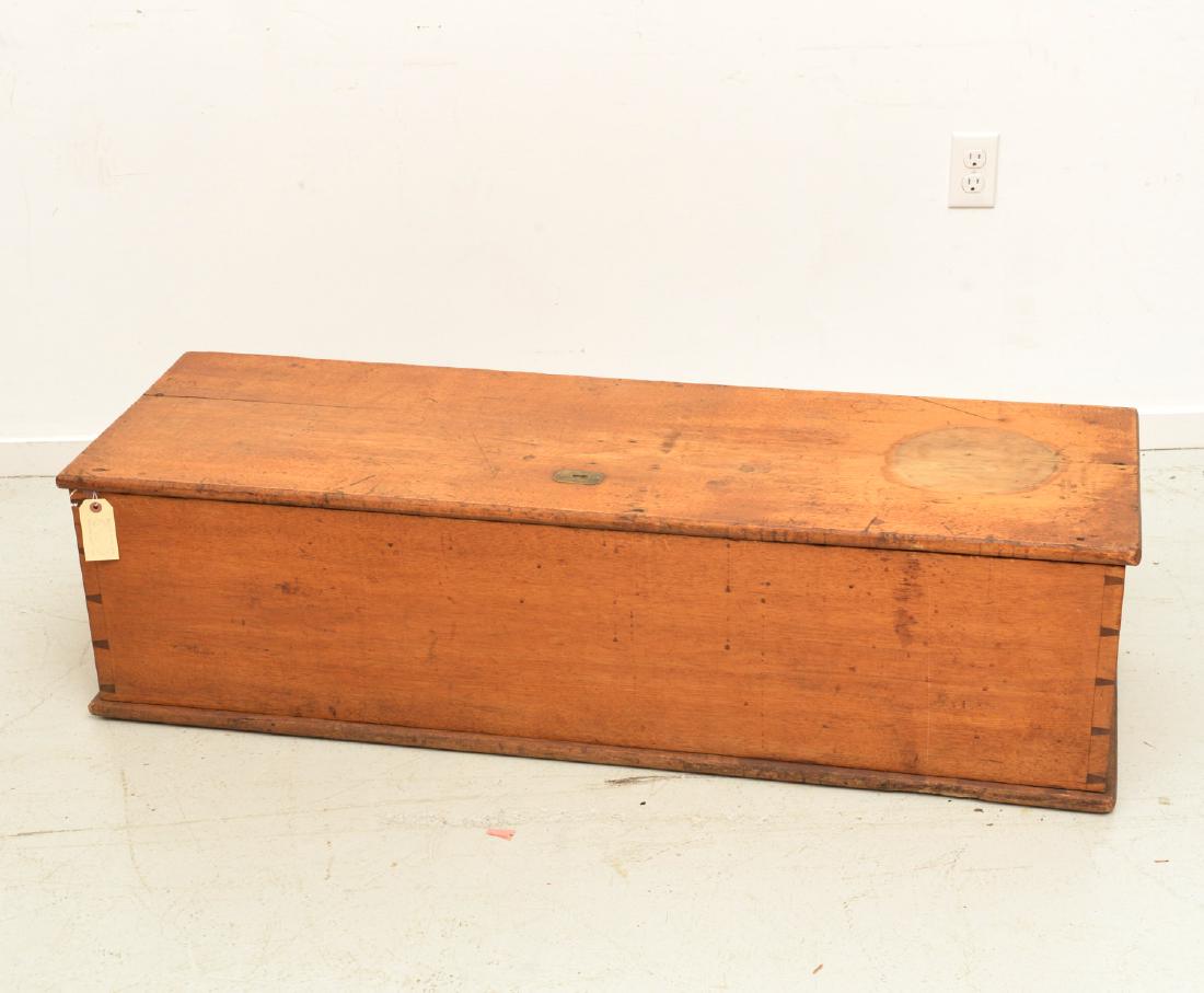 Antique American dovetailed wood chest: Antique American dovetailed wood chest, 19th c., unusual escutcheon placement, 13.25"h x 51.25"w x 16"d
