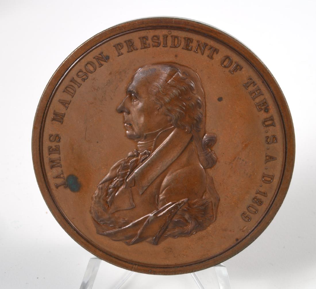 1809 James Madison Indian Peace Medal, bronze: 1809 James Madison Indian Peace Medal, bronze, 1809 James Madison Peace Medal, bronze, dark yellow-brown, approx. 76 mm diam. Provenance: Property from the Collection of Charles E. Sigety; Early Ameri