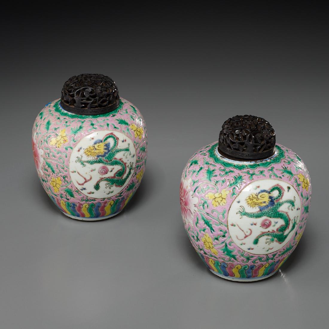 Pair Chinese famille rose porcelain jars (1 of 6)