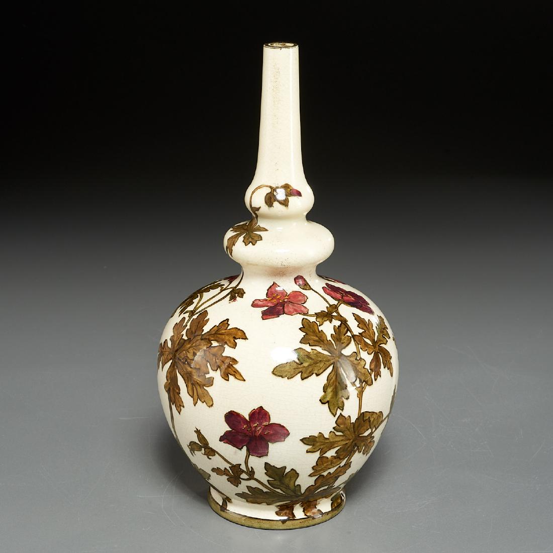 John Bennett, rare ceramic gourd vase: John Bennett, rare ceramic gourd vase, c. 1880, New York, polychrome painted pottery, decorated with blossoming dogwood on a white ground, blue underglaze signed "Bennett 412 E. 24" and circled R to u