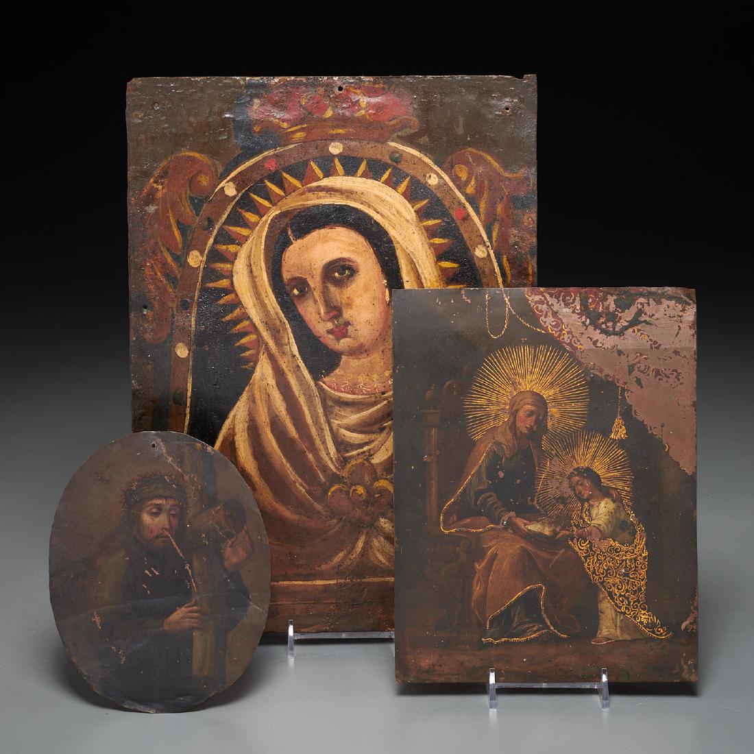 Spanish Colonial School, (3) painted tin Retablo (1 of 7)
