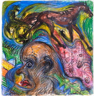 Antonius Hockelmann, large scale mixed media, 1984: Antonius Hockelmann, large scale mixed media, 1984, Antonius Hockelmann (German, 1937-2000), "Traber Mit Mannerkopf", wax crayon, pastel and ink on paper, signed and dated along bottom, loose and unfr