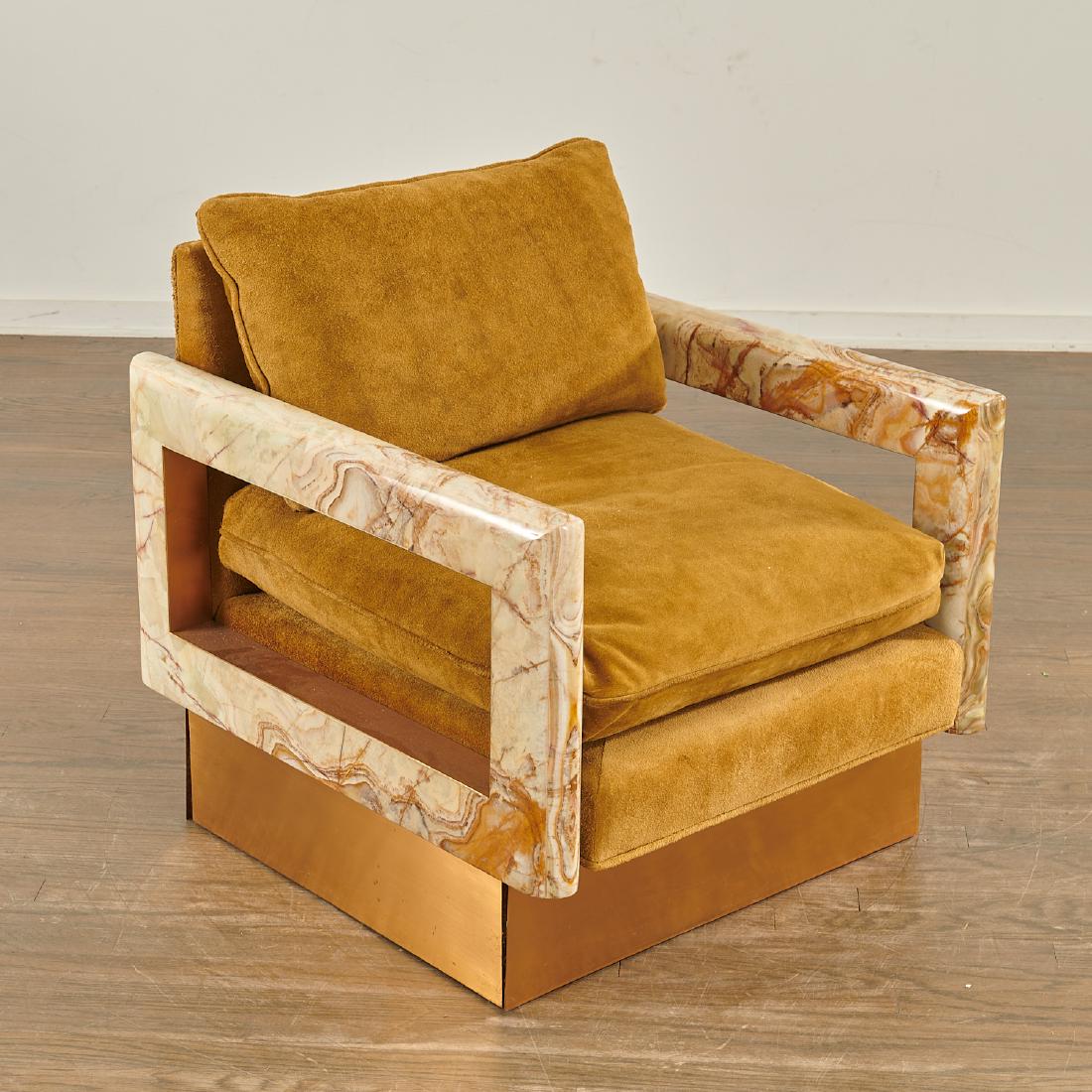 Designer green onyx and brass club chair: Designer green onyx and brass club chair, Late 20th c., likely by Puccio International, unsigned, tan suede upholstery, 28"h x 27"w x 30"d Provenance: A private West Orange, New Jersey Collection